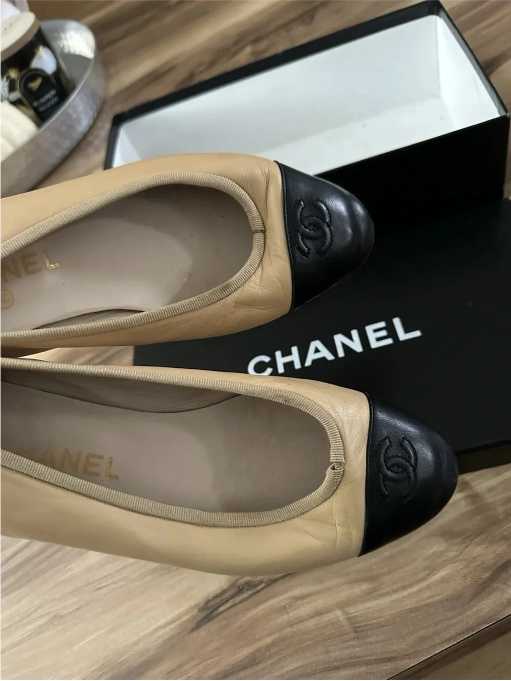 CHANEL Beige Leather Ballet Flats with Black Cap Toe